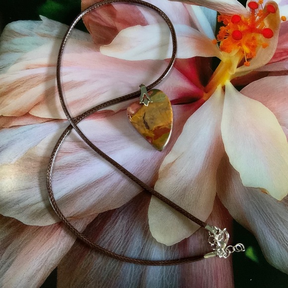 Handcrafted Mexico Crazy Lace Agate Heart Necklace on Faux Leather Brown Cord - Picture 3 of 9